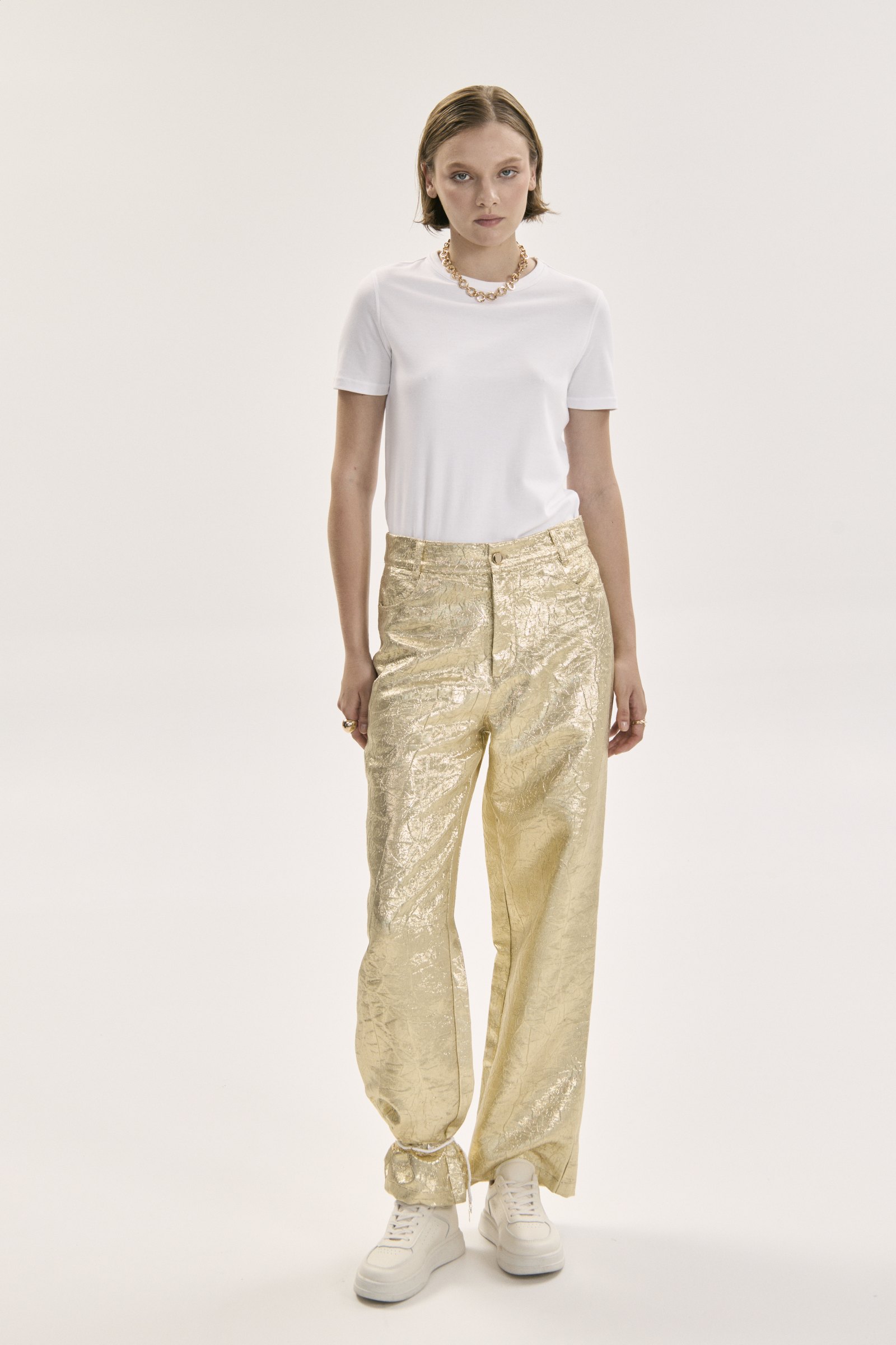 Full look, gold trousers