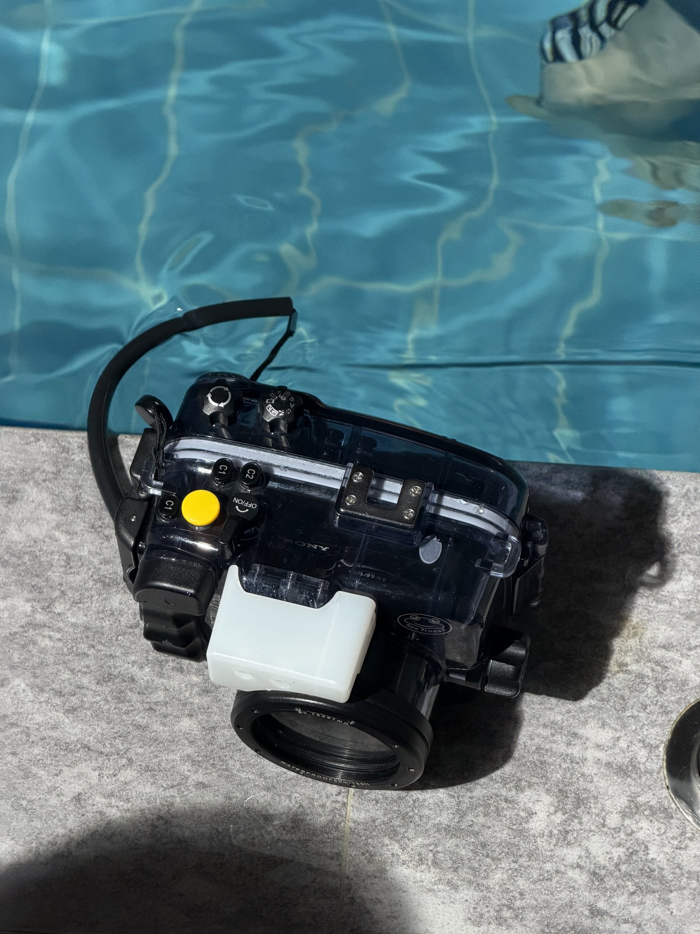 Underwater housing on the camera by the pool